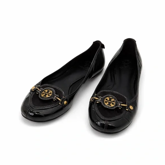 NWOT Tory Burch Dark Brown Patent Leather & Haircalf Ballet Flats Gold Hardware - Picture 3 of 15